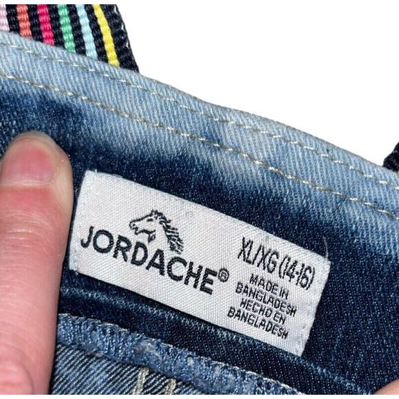 Jordache Girls Blue Jean Denim Bib Jumper Dress Size XL 14/16 Adj Rainbow Straps - Picture 3 of 4